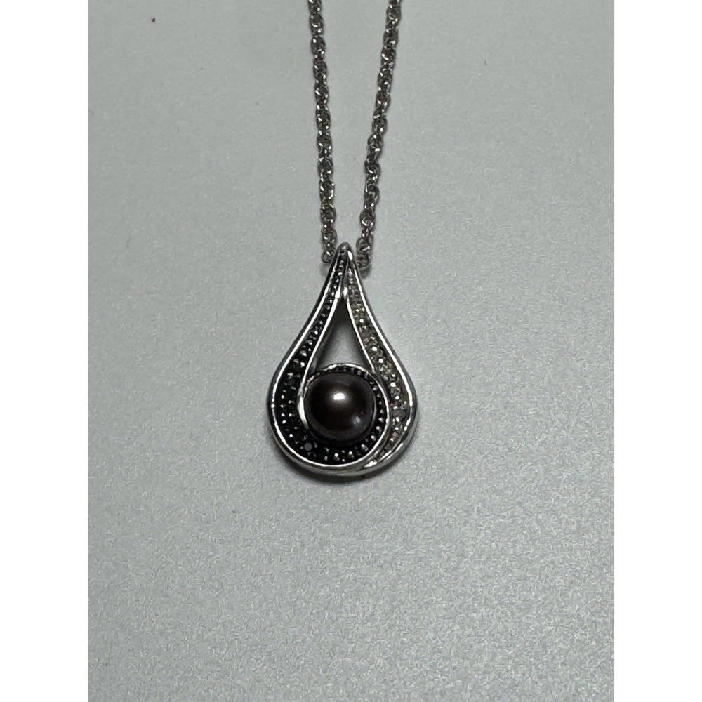 925 Sterling Silver Black Pearl Pendant Necklace 16" Chain Fine Jewelry
